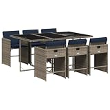 YUOGHRTFE 7 Piece Patio Dining Set with Cushions, Grey Poly Rattan Garden Furniture Set with Foldable Chairs and Tempered Glass Table