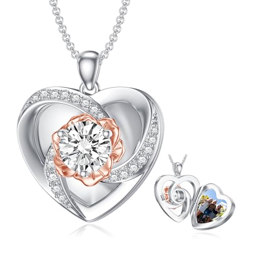 SOULMEET Personalized 10k 14k 18k White Gold 1 ct Moissanite/Diamond Locket That Holds Picture Diamond Photo Heart Locket Necklace Gift for Beloved Ones with Gold Chain