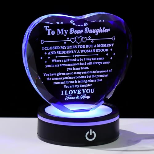 Bluebook Daughter Gifts from Mom & Dad, Heart-Shaped Crystal Plaque with Multicolor LED Base, Unique Daughter Birthday Gift, Glass Laser Engraving Keepsake, Daughter Meaningful Souvenir Gift