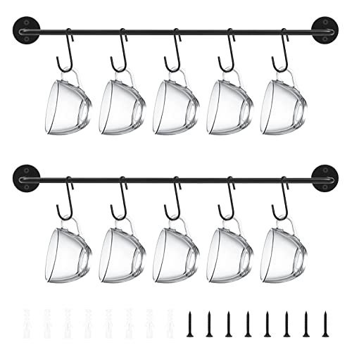 Mardatt 12Pcs Coffee Mug Holder with S Hooks, Mug Cup Holder Wall Mounted Cup Hanger Display Decor Mug Racks Rustic Utensil Tea Cups Storage Organizer Pots Hanging Rack for Kitchen Wall Coffee Barr