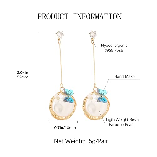Foessd Butterfly Earrings - Summer Lightweight Butterfly Dangle Earrings Jewelry Pearl Flower Handmade Wire Wrap Gold Drop Earring Cottagecore Bridesmaid Wedding Beach Birthday Gifts For Women Girls #TOP3