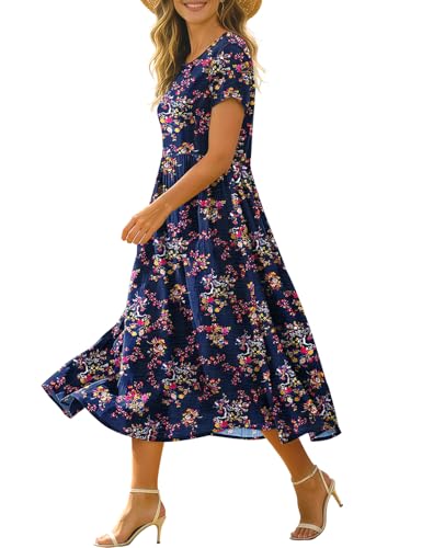 Image of Women's Summer Casual Loose Dresses Cotton Boho Floral Midi Dress for Women Beach Vacation with Pockets HD1