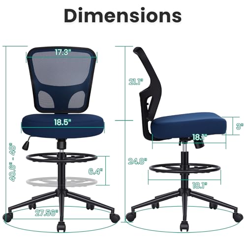 Image of Armless Drafting Chair Tall Office Chair for Standing Desk - Adjustable Height Mesh Ergonomic Drafting Stool with Foot Ring & Wheels, Rolling Counter Height Computer Chair for Home Office