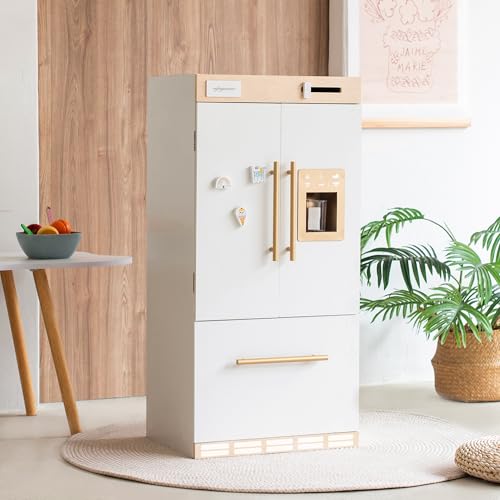 Wooden Play Kitchen Fridge – Interactive Ice Maker, Double Door Storage & Creative Fridge Magnets, Pretend Play Refrigerator for Boys & Girls 3+