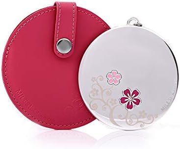 MILESI Cherry Blossom Mini Round Makeup Mirror with Leather Holster Gift for Women (Peach Red)