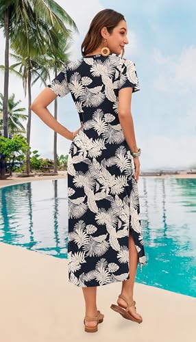 Image of MISFAY Womens Maxi Dress Short Sleeve V Neck Loose with Pockets | Soft stretchy breathable, v neck loose fit, side split hem, two side pockets, casual daily beach vacation travel dress