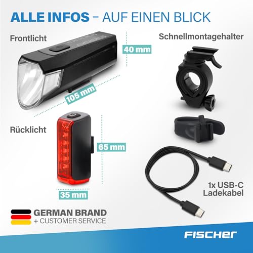 Fischer Twin zestaw świateł rowerowych, oświetlenie podłogowe 360°, lampa rowerowa LED 80 luksów, akumulator ładowany przez USB C, montaż bez użycia narzędzi z przodu i z tyłu