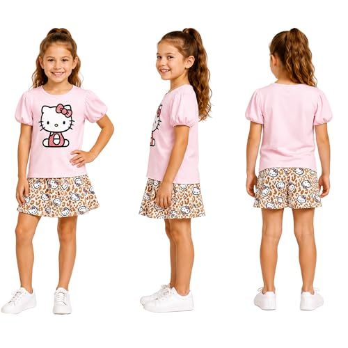 Image of Hello Kitty Girls Skort Set - 2 Piece Graphic Crewneck Top and Short Skort Cute Outfit Set (Sizes: 2T-12)