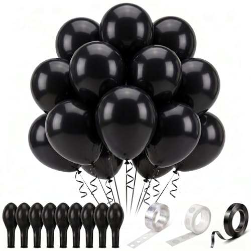 Paquete de 100 globos de fiesta de látex de 12 pulgadas con tira de globos, puntos de pegamento y cinta rizadora para decoraciones de cumpleaños, baby shower, boda, arco de globos y eventos (negro)