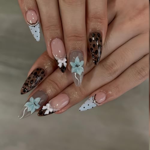 Leopard Print Press on Nails Long Almond Nail Blue Flower Fake Nails 24Pcs