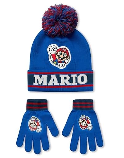 Super Mario Nintendo Conjunto de Gorro y Guantes para Niños | Gorro con Borla Tejido en Azul y Rojo para Niños | Calentador de Cabeza y Manos a Rayas con Insignias de Personajes de Mario Videojuego | Ya disponible en tu tienda friki favorita! En mundofriki.es!