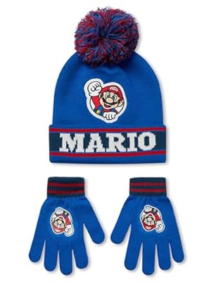 Super Mario Nintendo Conjunto de Gorro y Guantes para Niños | Gorro con Borla Tejido en Azul y Rojo para Niños | Calentador de Cabeza y Manos a Rayas con Insignias de Personajes de Mario Videojuego | Ya disponible en tu tienda friki favorita! En mundofriki.es!
