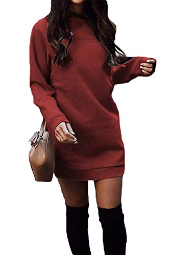 Yieune Langarm Pullover Kleid Damen Elegant Rundhals A-Linie Skaterkleid Winter Sweatshirt Tunika Sweaterkleid (Weinrot M) Cover