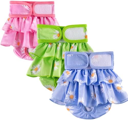Washable Female Dog Diapers, Durable Pet Skirt for Dog Dress, Reusable Pet Diapers and Puppies Dogs Heat Panties for Girl Dogs Menstrual Periods (X-Small, 3 Packs)