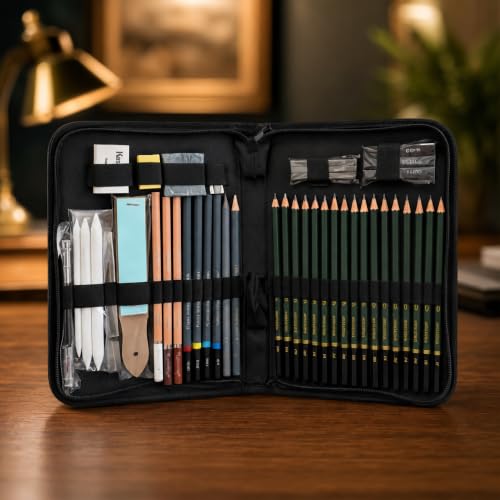 Kit Lapis de Desenho Profissional 42 Peças com Estojo Portátil, Lapis Grafite Profissional, Borrachas, Estilete e Acessórios para Artistas e Estudantes Linha Super Premium