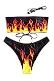 ZAFUL Women's Bathing Suit Adjustable Back Lace-up Bandeau Bikini Set (2-Black-Flame,M)