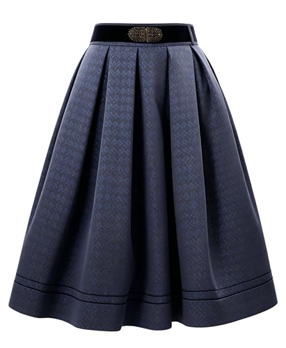 Dirndlparty Trachtenrock Damen Lang 65CM mit Seitentaschen Trachtenrock Damen Knielang aus Jacquad Dunkelblau Trachten Rock Midi Modern mit Gürtel Paisley für Oktoberfest Größe 38