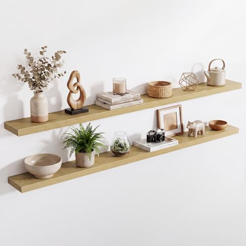Image of Acovy 72in Long Floating Shelves for Wall Set of 2, Wood Wall Shelves for Bathroom Bedroom Kitchen Living Room Laundry Room, Modern Floating Shelf for Home Decor