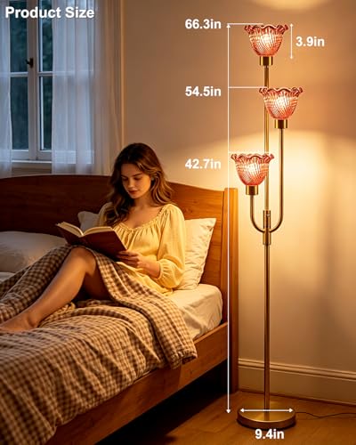 Image of Lightdot 3-Lights Glass Floor Lamp 66IN Modern Gold Dimmable Floor Lamps with 3000K Warm White Bulbs for Wedding Party Tall Standing Lamp with Deep Red Glass Shade for Living Room /Bedroom /Home Decor