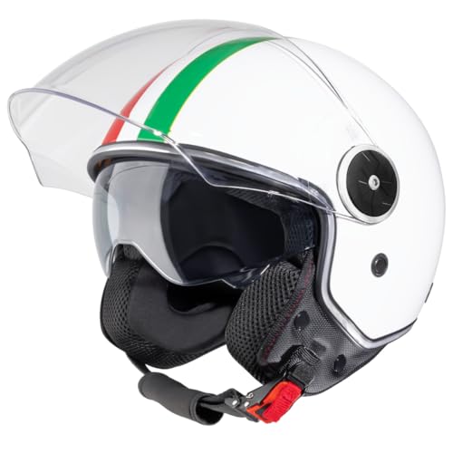 VINZ Neiva Jethelm mit Doppelvisier | Roller Helm mit Italienische Flagge & mit Sonnenblende | In Gr. XS-XXL | ECE 22.06 Zertifiziert | Motorradhelm mit Visier | Viele Farben Erhältlich - Weiß