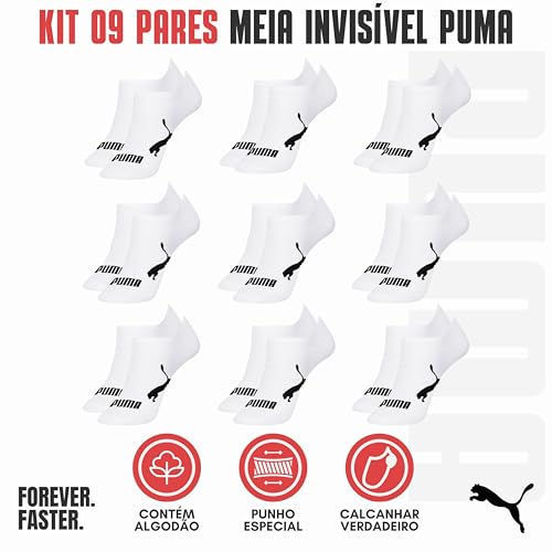 PUMA Kit 9 Pares Meia Sapatilha Invisível Esportiva Masculino Adulto, 9 Branco, 39-43