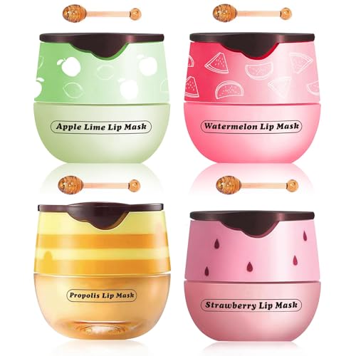 Alisesun 4PCS Strawberry & Bee Lip Balm Honey Pot, Vitamin E & Moisturizing Propolis Sleeping Lip Mask, Effective Reduces Lip Lines Prevention Dry and Cracked Scrubs Exfoliator Smoothing Dry Lip Care