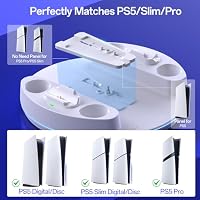 NEWDERY für PS5 /PS5 Slim /PS5 Pro Ständer, Dual-Controller-Ladestation mit RGB-Licht für PlayStation 5, Vertikaler Ständer für PlayStation 5 Digital/Disc-Konsole, Weiß – Ansicht 2