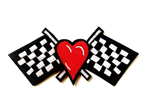 Red Heart Checkered Black White Flag Race Track Racing Biker Motorcycle Jacket Vest Sew On Iron On Embroidered Applique Patch #TOP17