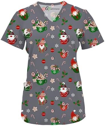 Green Town Scrubs for Women V-Neck Scrub Top - Christmas Thanksgi...