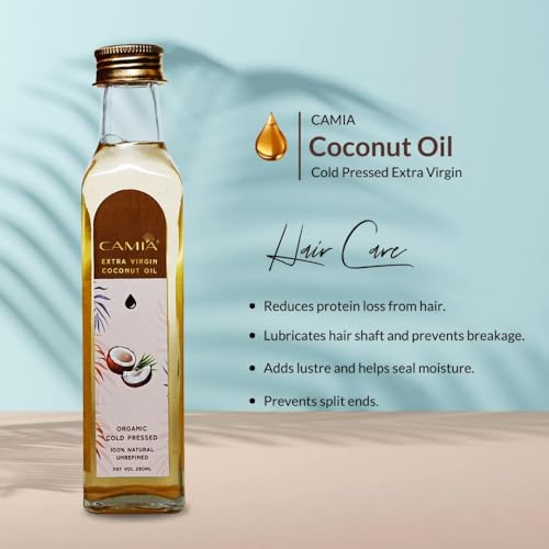Image of CAMIA - 100% Organic Cold Pressed Coconut Oil for Skin & Hair | 100% Pure & Natural Hair Oil | Skin Hydration & Nourishment | Premium Skin Care | Ideal for Skin & Hair Care | 1000 ML Glass Bottle