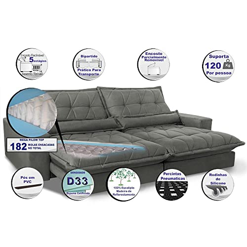 Sofa Retrátil e Reclinável 2,12m com Molas Ensacadas Cama inBox Soft Tecido Suede Cinza