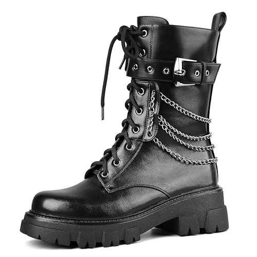 SHEOMSIE Women's Combat Motorcycle Boots - Lace Up, Chains, Ankle, Platform, Round Toe, Zipper,...