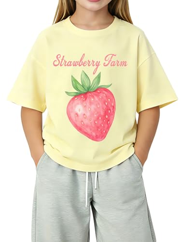 Image of RoseSeek Girl's Graphic Drop Shoulder Star Print Tee Tops Short Sleeve Crew Neck Summer Shirts