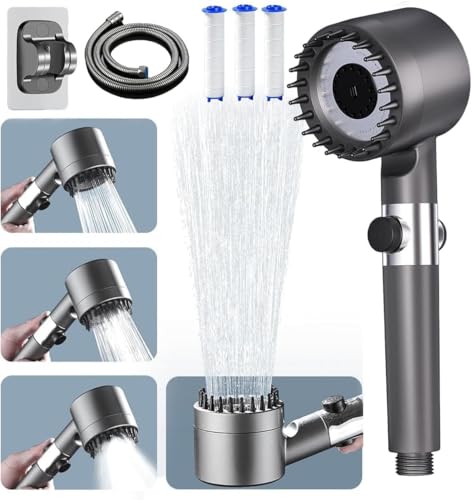 Ion Drops Shower Head Shower Head High Pressure Ion Showerhead with Handheld and 3 Filters 4 Spray Modes & Pause Switch Silicone Scalp Massager 59 Hose & Bracket for Hard Water & Pets