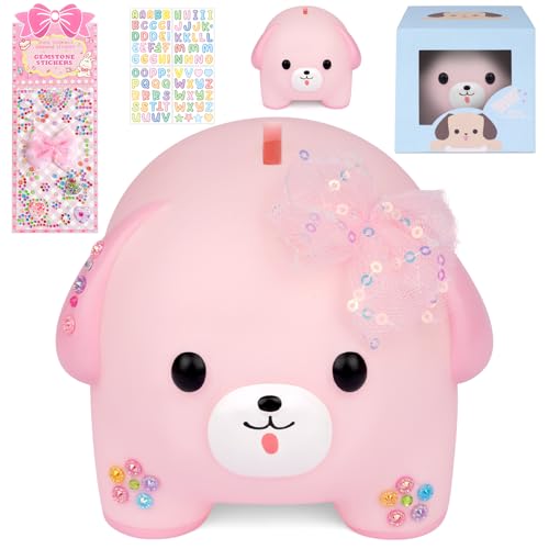 NIGOWAYS Piggy Bank for Girls,Unbreakable Plastic Puppy Money Bank with DIY-Stickers and Rhinestone Bow Tie,Cute Coin Bank for Kids Birthday Christmas Gifts(Pink)
