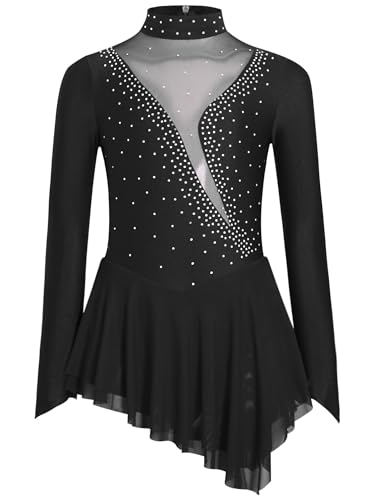 inhzoy Abito da Pattinaggio Artistico Bambina Balletto Leotard Manica Lunga Vestito Ballo Latino Tango Body Danza Classica Ballerina Costume da Danza Samba Salsa Dancewear Nero 9-10 Anni