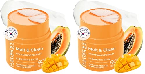 PLANTIFIQUE Korean Cleansing Balm Makeup Remover with Mango & Papaya Extracts, Hyaluronic Acid and Ceramide - Nourishing Melting Cleanser for All Skin Types 1.41 oz / 40 g (Pack of 2)