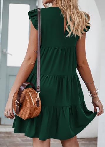 Image of KIRUNDO Summer Dresses for Women Sundress Sleeveless Ruffle Sleeve Round Neck Loose Short Flowy Pleated Mini Babydoll Dress