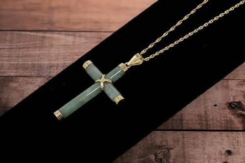 10K Yellow Gold Genuine Jade Cross Pendant Necklace2