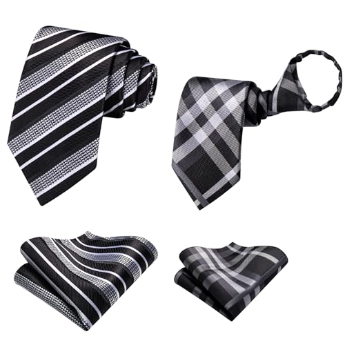 Image of Hi-Tie Father and Son Tie Set Striped Plaid Ties for Men and Boys Silk Necktie Pocket Square Set for Wedding Gifts