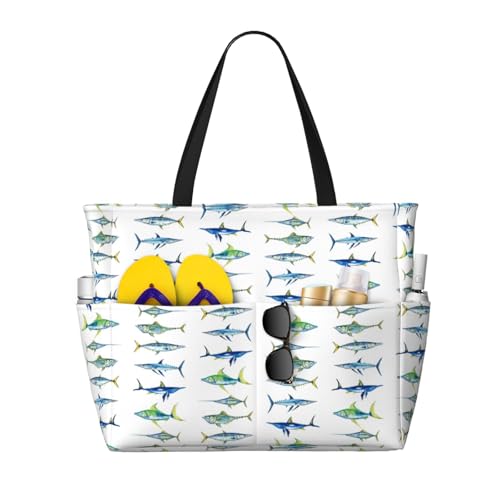 Owlfder Large Beach Bag for Women Funny Sea Fish Pattern Waterproof Foldable Travel Shoulder Tote Bag with Pocket for Weekender Pool Vacation