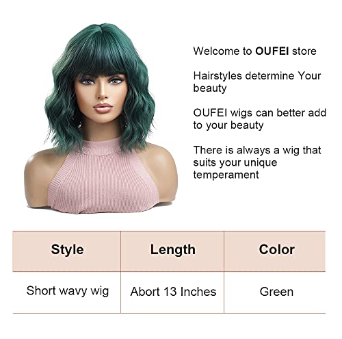 OUFEI Green Bob Wigs for Women Short Wavy wig Natural Synthetic Hair Heat Resistant Wigs for Daily Party Cosplay Wear-13 Inches - Image 2