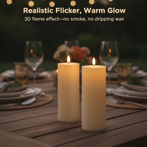 Image of ANGELLOONG Large Flameless Candles Outdoor with Timer, Waterproof 8 inchx3 inch Pillar Candles Battery Operated, 2 Pack Flickering LED Candles for Patio Decor, Lanterns Backyard