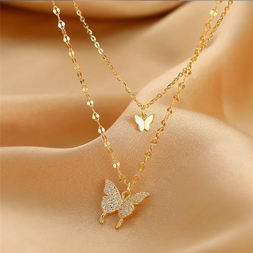 GIGB PBDK Gold Layered Butterfly Pendant Necklace for Women,Silver Adjustable Crystal Choker Necklace,Sparkling Rhinestone Jewelry Gifts for Wedding Party4