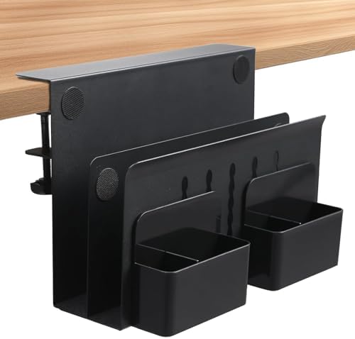 Desk Side Storage, Under Desk Laptop Mount, 2-Tier Table Side Hanging File Organizer, No Drill Clamp On Cable Management Tray, Laptop Holder with Magnetic Pen Holder for Office and Home, Load 22 Lbs