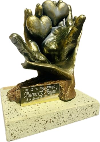 Regalo para Boda o Aniversario | Figura Bodas Oro Plata Diamante | Escultura Mano y Corazones Personalizada