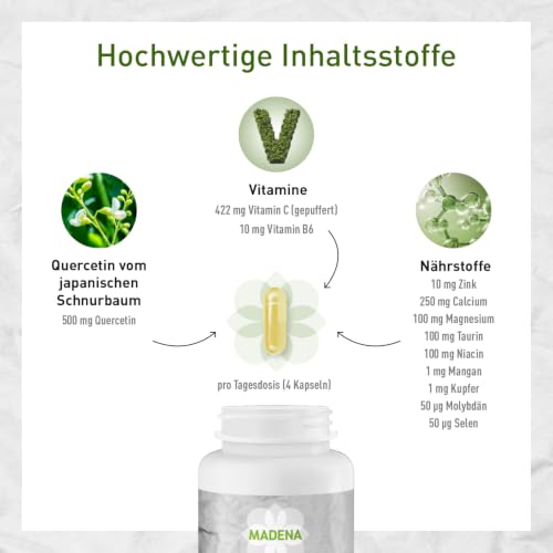 MADENA HistaVital, Nährstoffkomplex bei Histaminintoleranz mit Quercetin 500mg pro Tag, Vitamin C (gepuffert) & 10 weitere Mikronährstoffe, DAO Enzym Support 100 Kapseln