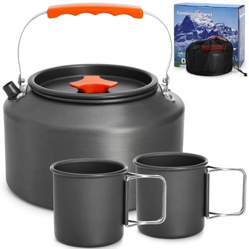 Nagpew 3 Pieces Camping Kettle, 2.5L Portable Camping Water Boiler with Storage Bag and 2 Cups, Coffee Tea Pot Set for Open Fire, Outdoor Activity, Stove, Hiking, Backpacking