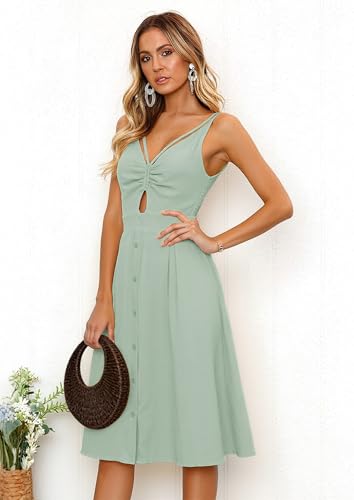 Image of ECOWISH Women 2026 Summer Dresses Tie Front V-Neck Spaghetti Strap Button Down A-Line Backless Swing Midi Dress