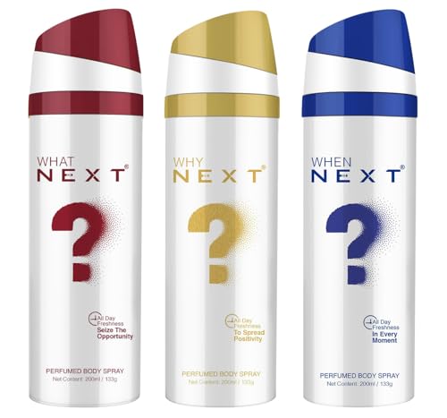 Image of Next Care What Why When Body Spray Combo Pack of 3 (200ml Each) | Long Lasting Unisex Perfumed Deodorant for Men & Women